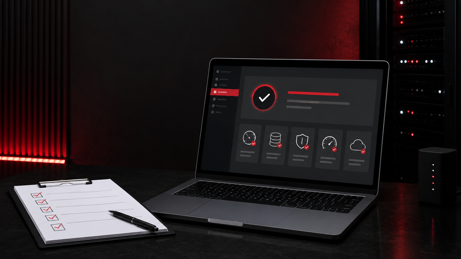 WordPress maintenance checklist beside a laptop showing backup, security and performance checks